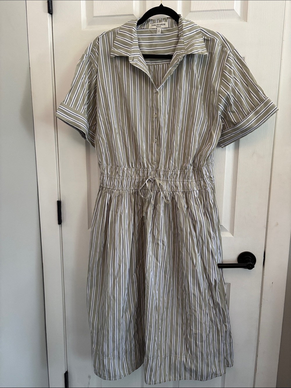 Casual Striped Short-Sleeve Shirt Dress - Olive/White